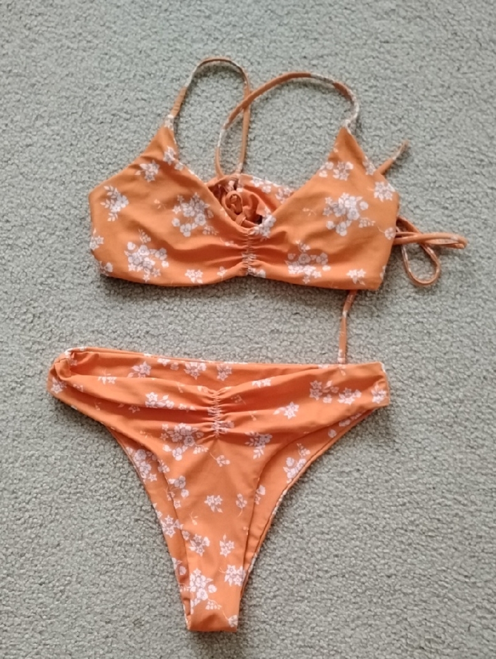 Orange Floral Ruched Bikini Set
